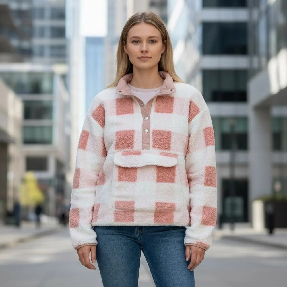New blue b White Pink Mauve Checker Teddy Fleece Snap Up Comfy Outdoor Jacket S - Picture 1 of 3